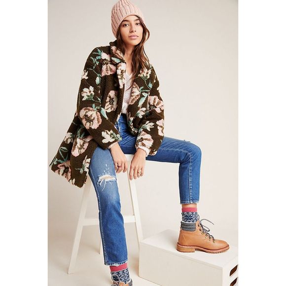 New Anthropologie Olivia Floral Teddy Sherpa Coat - Picture 3 of 5